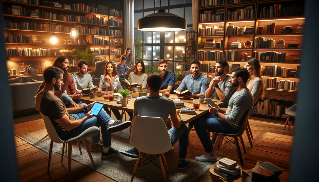 A cozy, well-lit room with a group of 8 people engaged in a book club meetup. The attendees are a diverse group of technologists gathered around a large table. They are in the midst of an animated conversation, with some holding books or tablets. The room features comfortable seating, warm lighting, and bookshelves filled with various books in the background, creating an inviting and intellectual atmosphere.