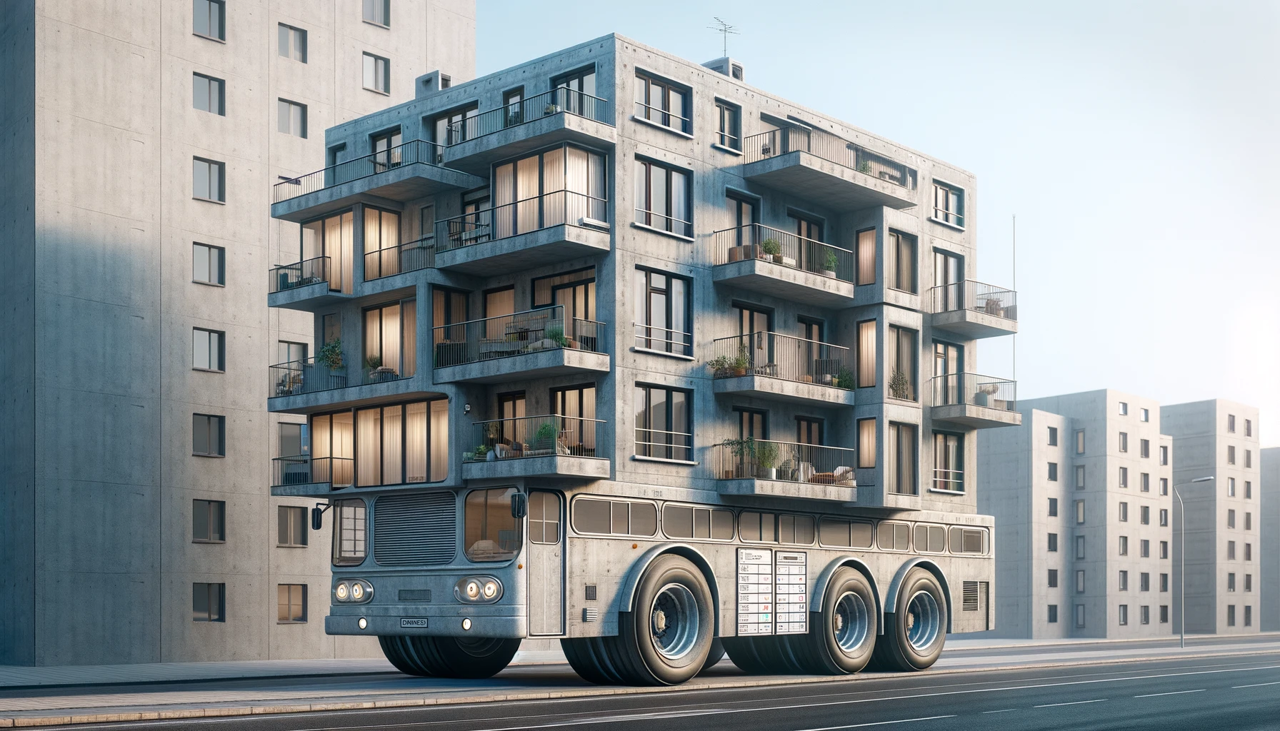 A concrete apartment building modified to function as a city bus. The building has multiple floors, typical apartment windows, and balconies, but is set on large bus wheels. It includes a front door designed like a bus door, and the sides display bus route information. The setting is an urban street, illustrating the contrast between this unique bus and the surrounding cityscape.