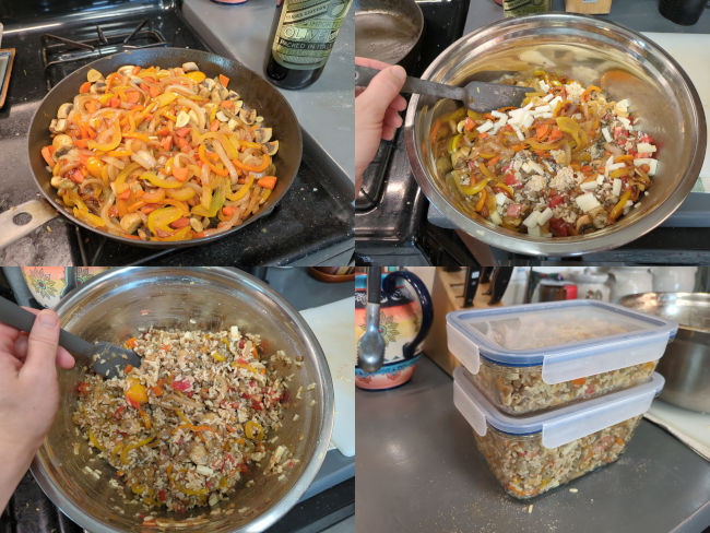 4-panel collage of preparing cmart nutrient slop. Top-left: sauteeing vegetables. Top-right: Mixing ingredients in bowl. Bottom-right: Ingredients fully mixed in bowl. Bottom-left: slop in glass food storage containers.